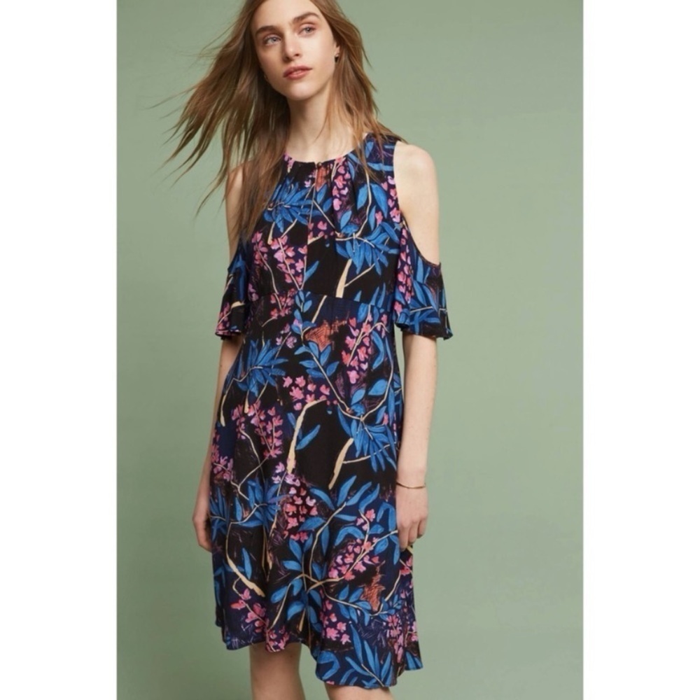 NWT Anthropologie Maeve Elia Cold Shoulder Dress Blue Tropical Floral Size 12